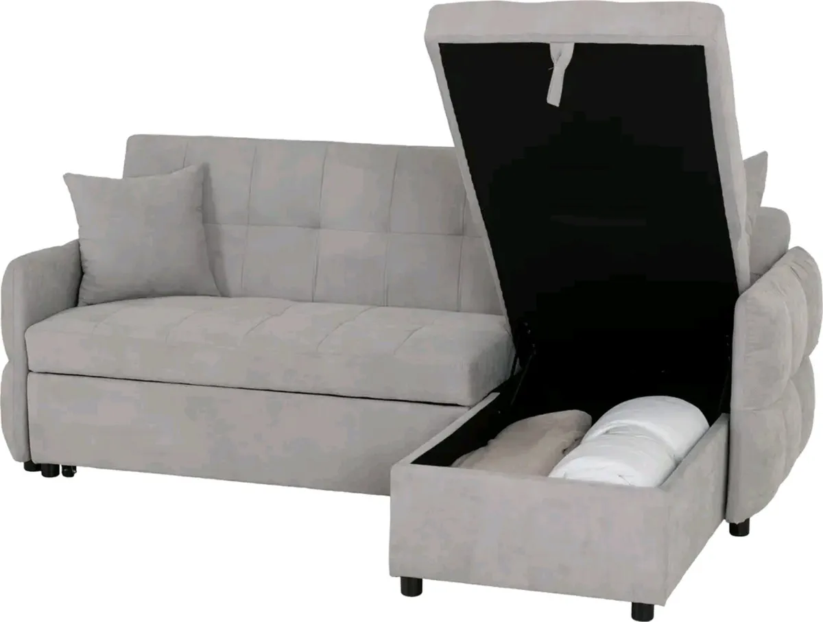 Grey Fabric L Shape Corner Sofa Bed With Storage - Image 3