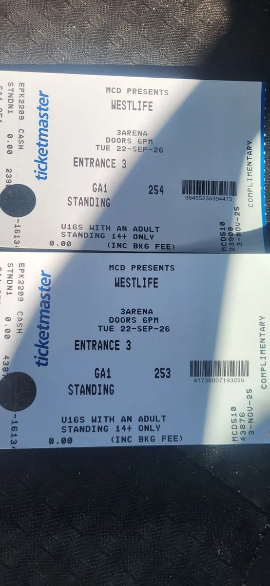 2 westlife tickets (standing 22nd sept) only 180