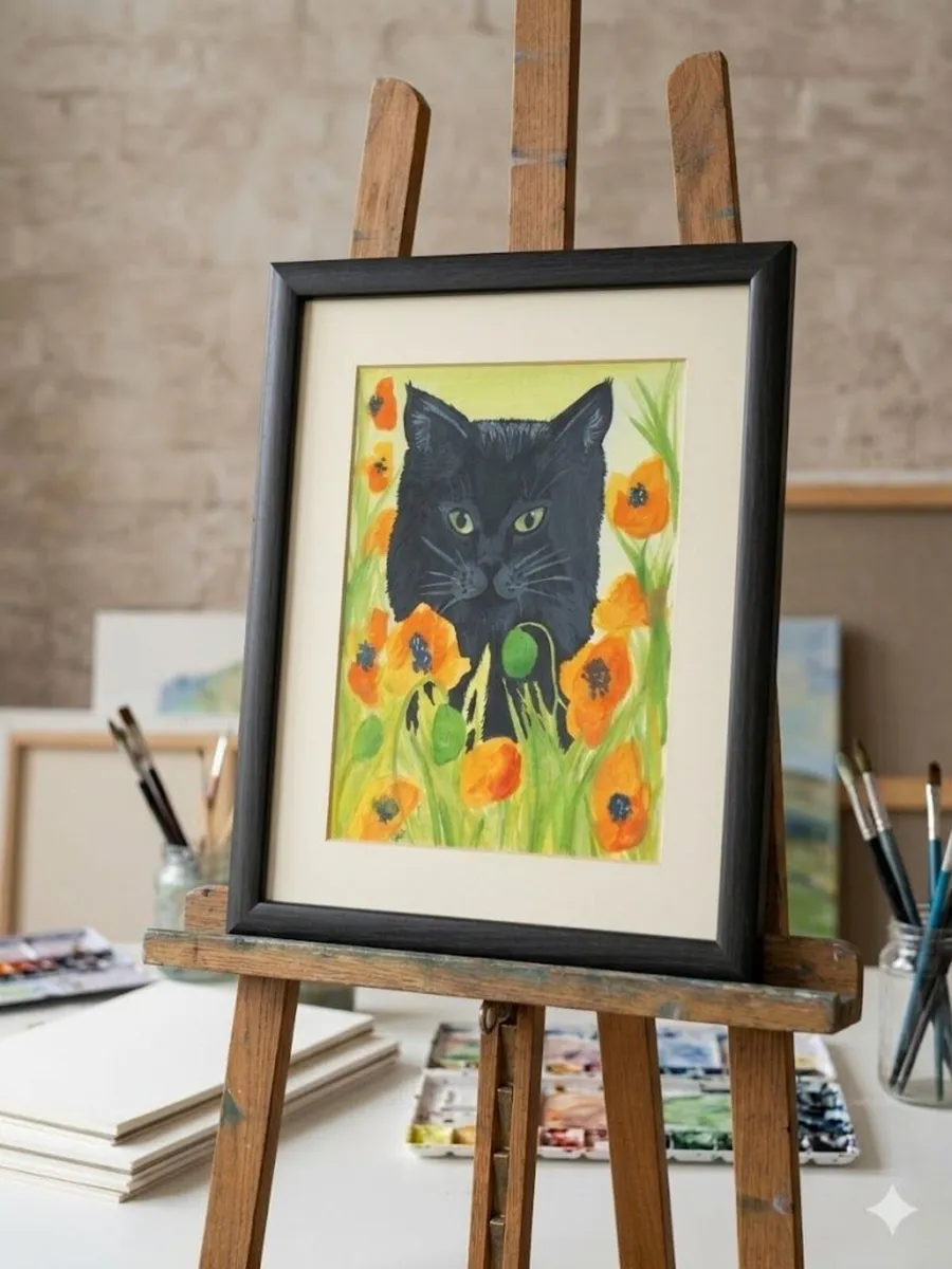 Poppy Field Feline - Original Watercolour Painting - Image 1