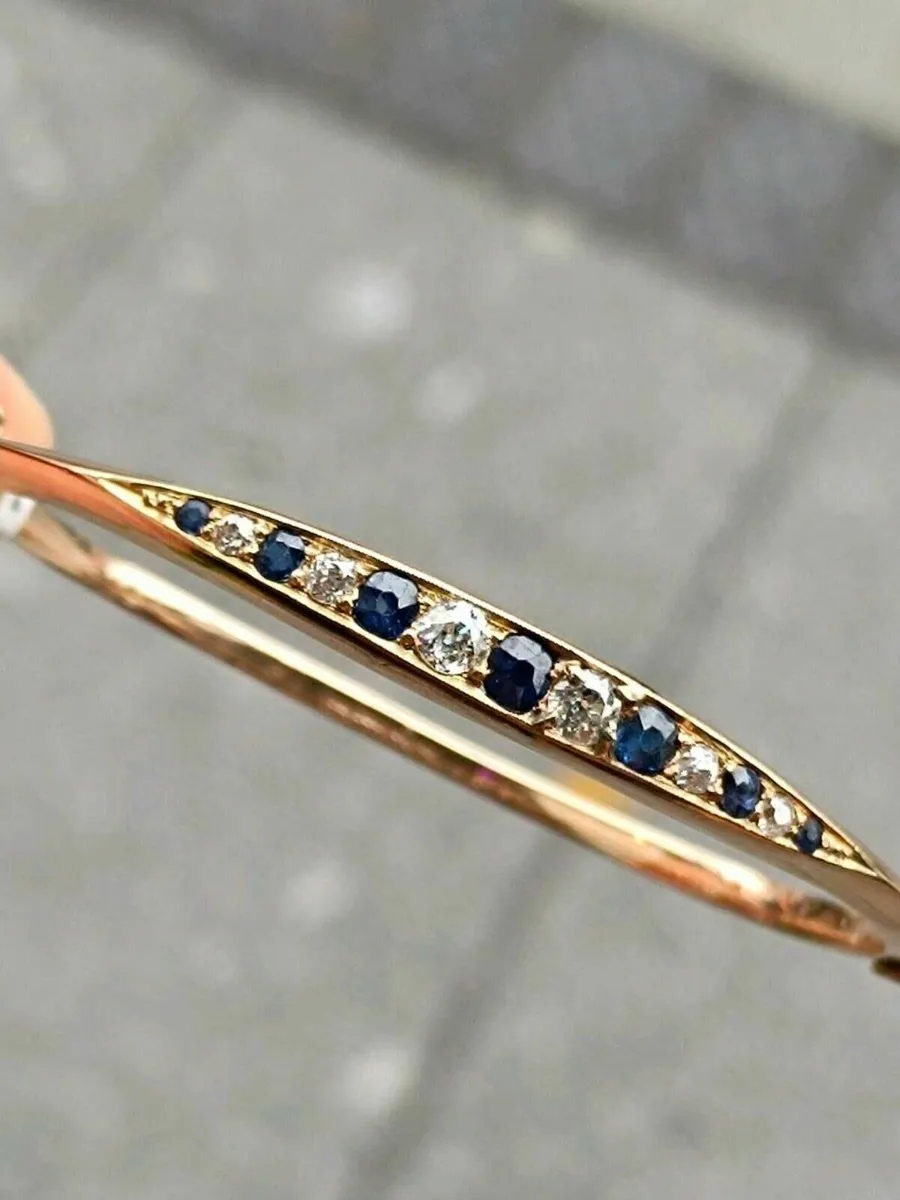 Antique 15k Rose Gold Diamond & Sapphire Bangle - Image 3