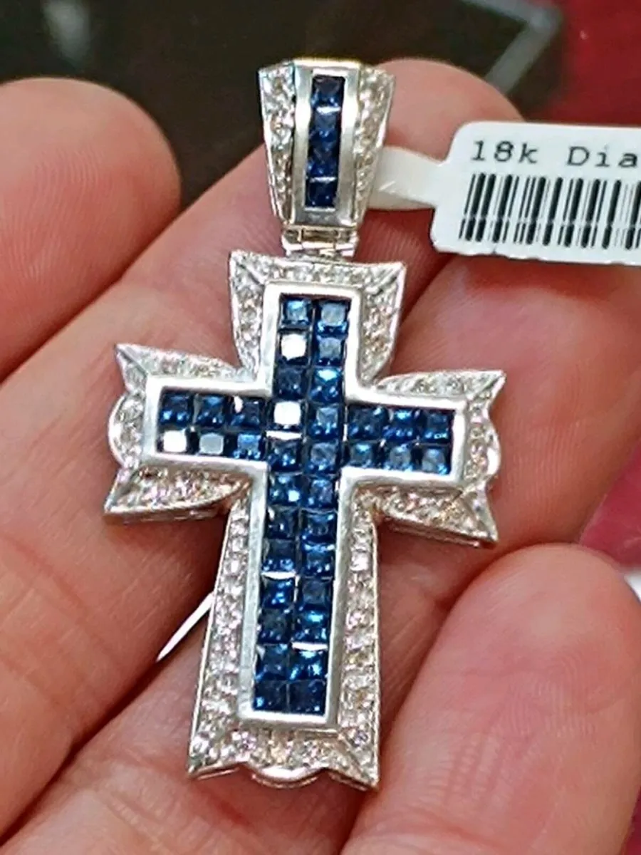Blue Sapphire & Diamond Cross 18k White Gold - Image 4