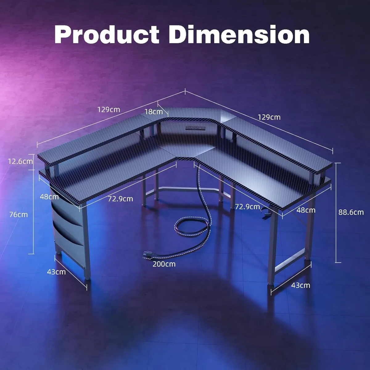 Computer Desk with Power Outlets LED Strip 50.8 - Image 2