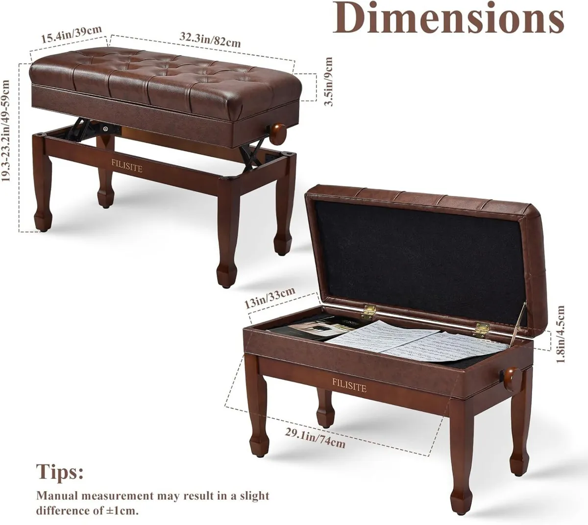Adjustable Duet Piano Bench with Storage Heavy - Image 3