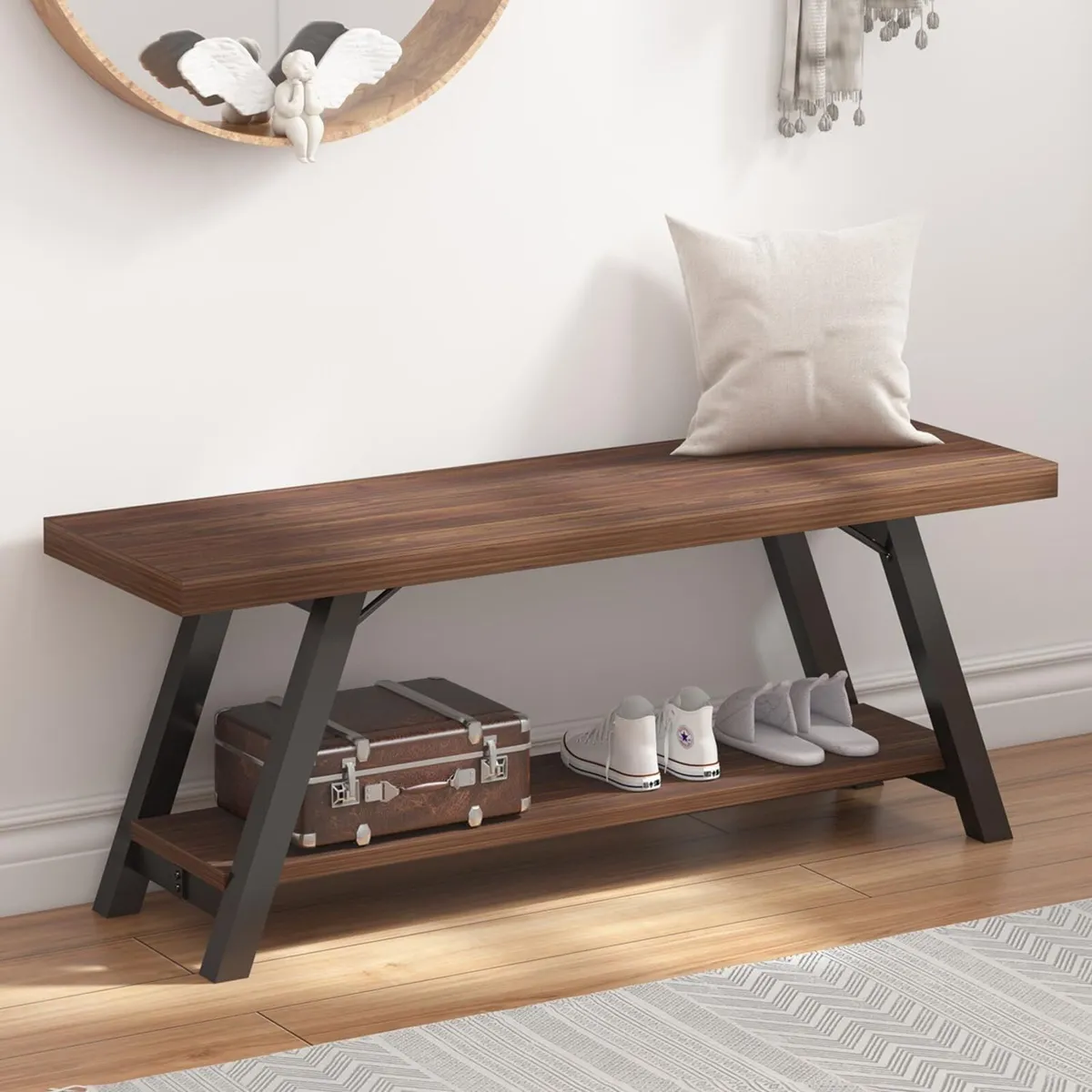 Entryway Bench with Storage Industrial Wood Metal - Image 1