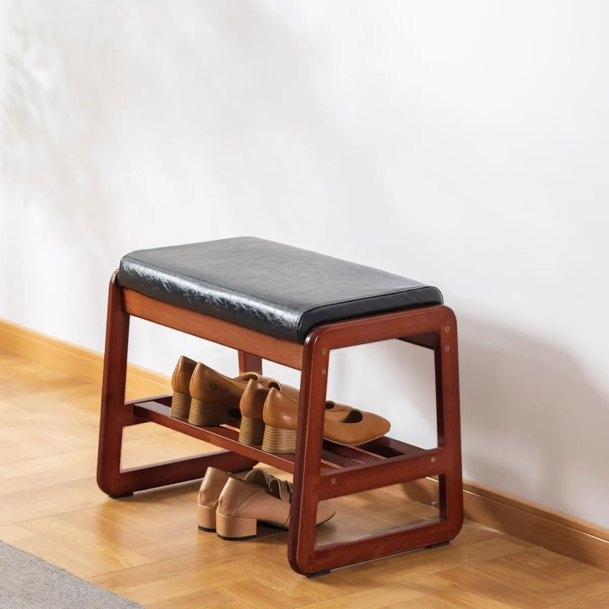 Solid Wood Shoe Bench 2-Tier Wooden Storage - Image 1