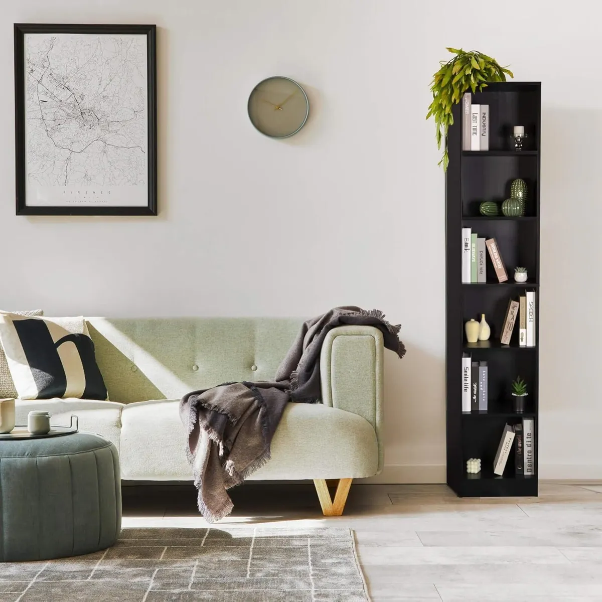 Slim Bookcase Tall and Narrow Shelf Black - Image 2