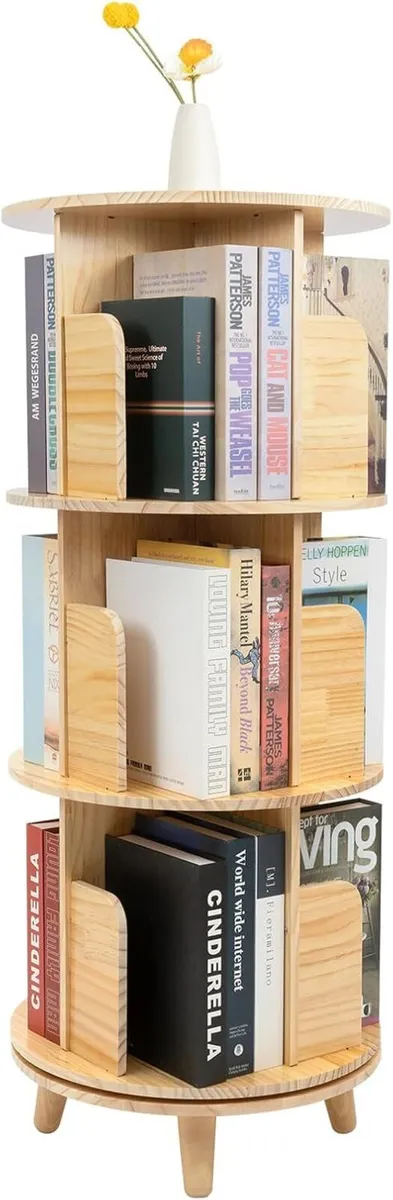 3 tiers Pine Wood Rotating Bookshelf 360 Display - Image 1