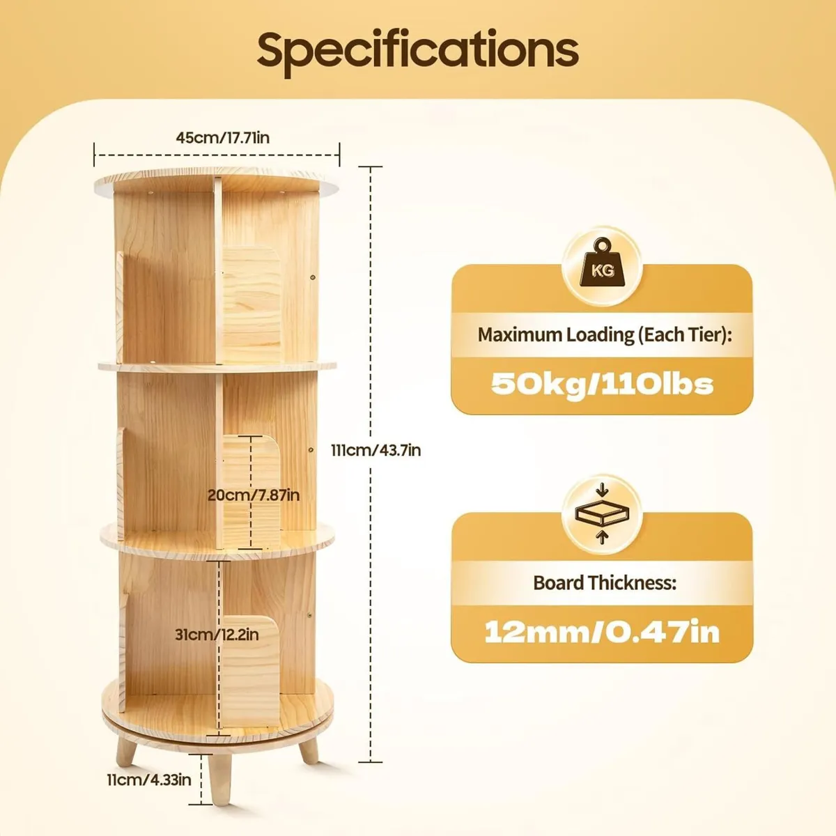 3 tiers Pine Wood Rotating Bookshelf 360 Display - Image 2