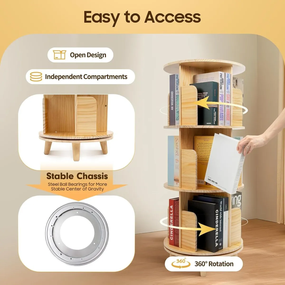 3 tiers Pine Wood Rotating Bookshelf 360 Display - Image 3