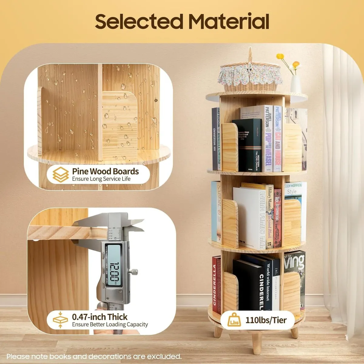 3 tiers Pine Wood Rotating Bookshelf 360 Display - Image 4