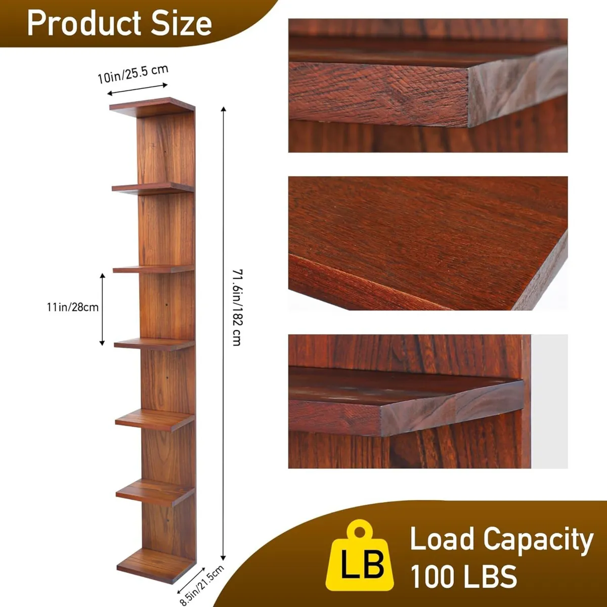 Solid Wood 7 Tier Wall Shelf Unit Vertical - Image 3