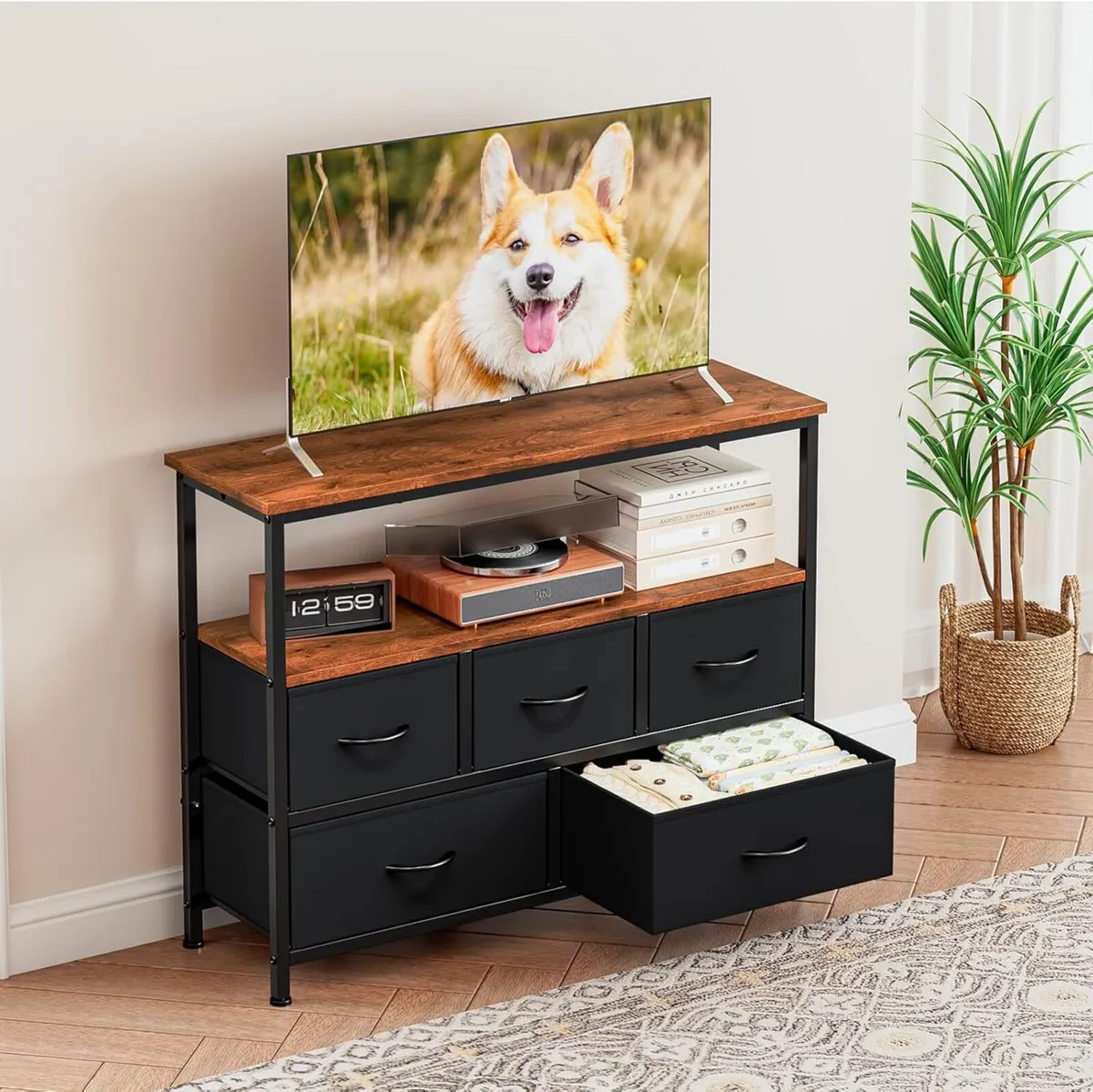 TV Stand with 5 Fabric Drawers and 2 Open Shelves - Image 2