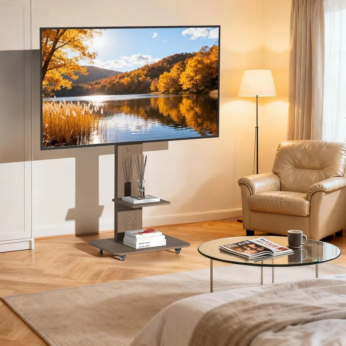 Floor TV Stand Wood Universal Mount with wheels - Image 2