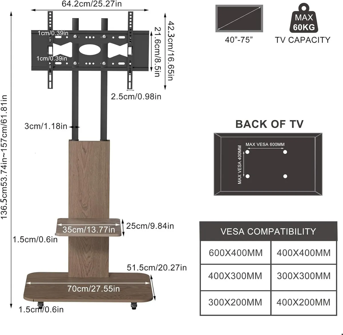 Floor TV Stand Wood Universal Mount with wheels - Image 3