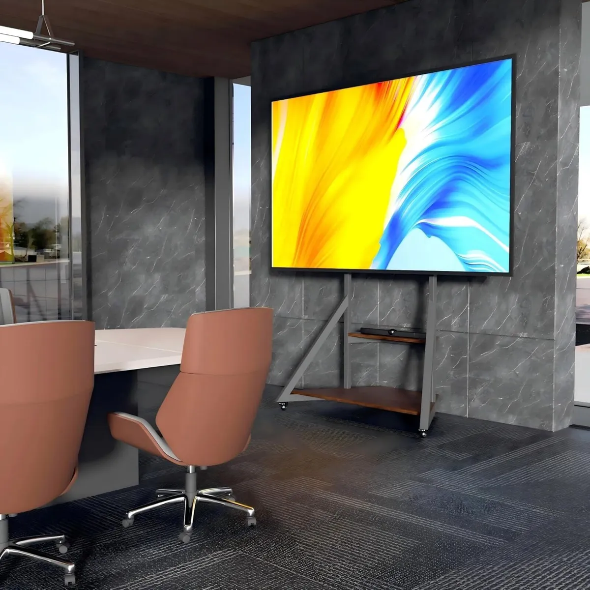 Mobile Floor TV Stand with Wheels and Wooden - Image 2