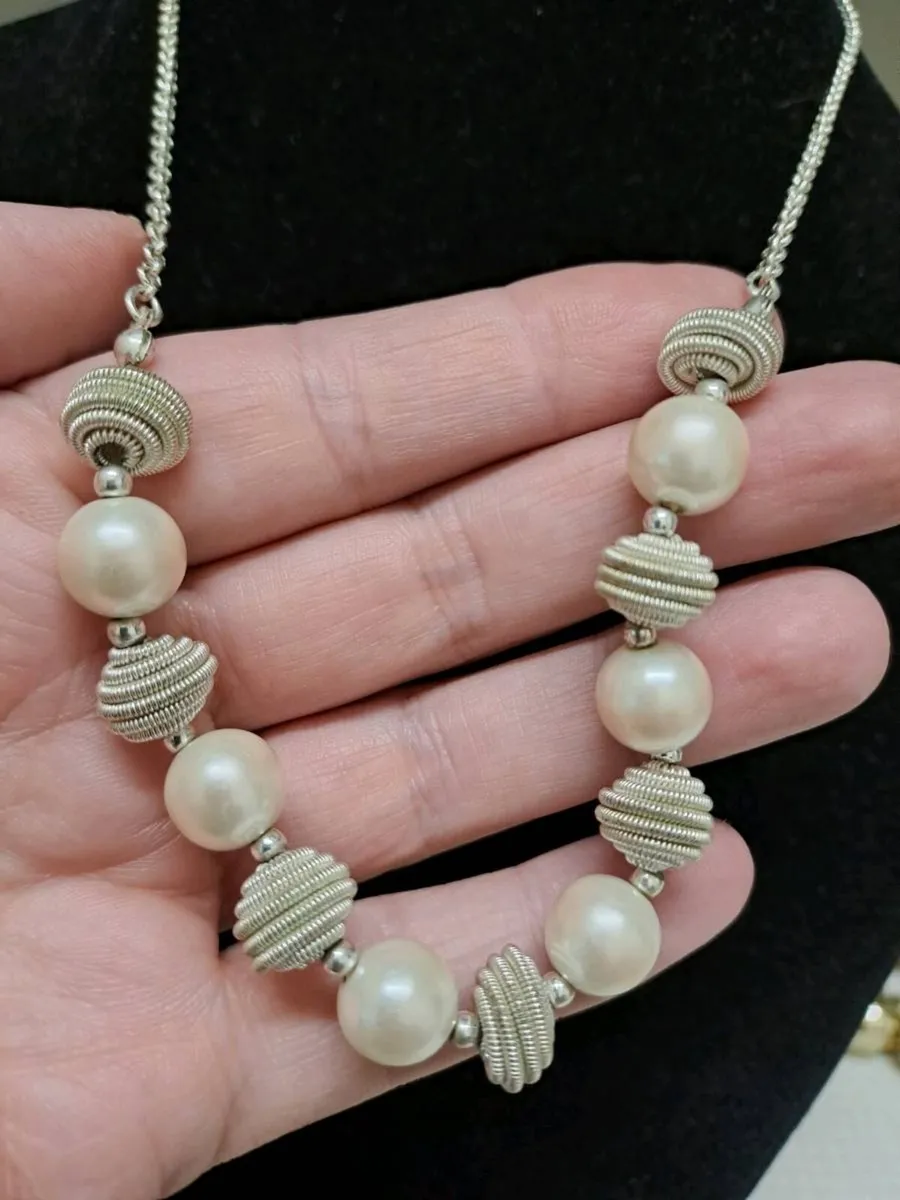 Silver Tone Necklace with Faux Pearl Beads M&S - Image 1