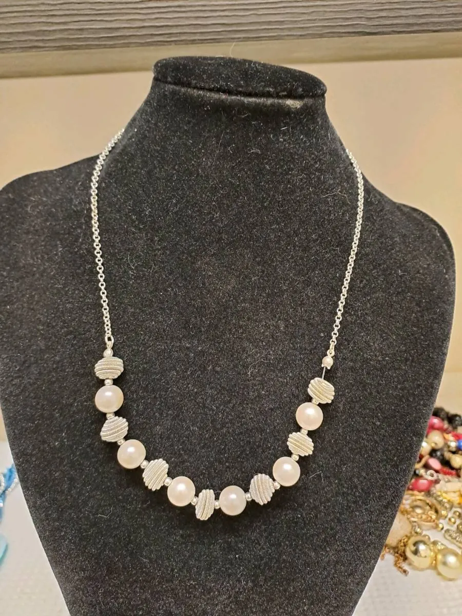 Silver Tone Necklace with Faux Pearl Beads M&S - Image 2