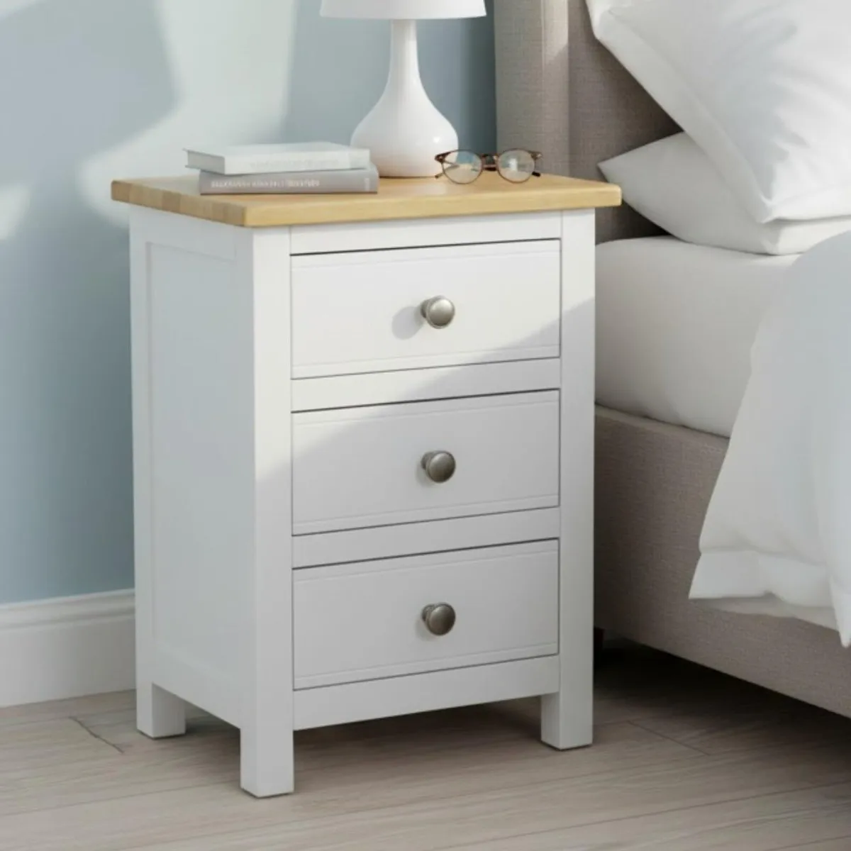 urniture Bedside Table 3 Drawers Solid Wooden - Image 1
