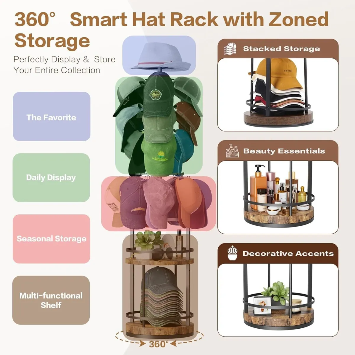 Rotating Hat Rack 360degrees Spin Cap Holder with - Image 4