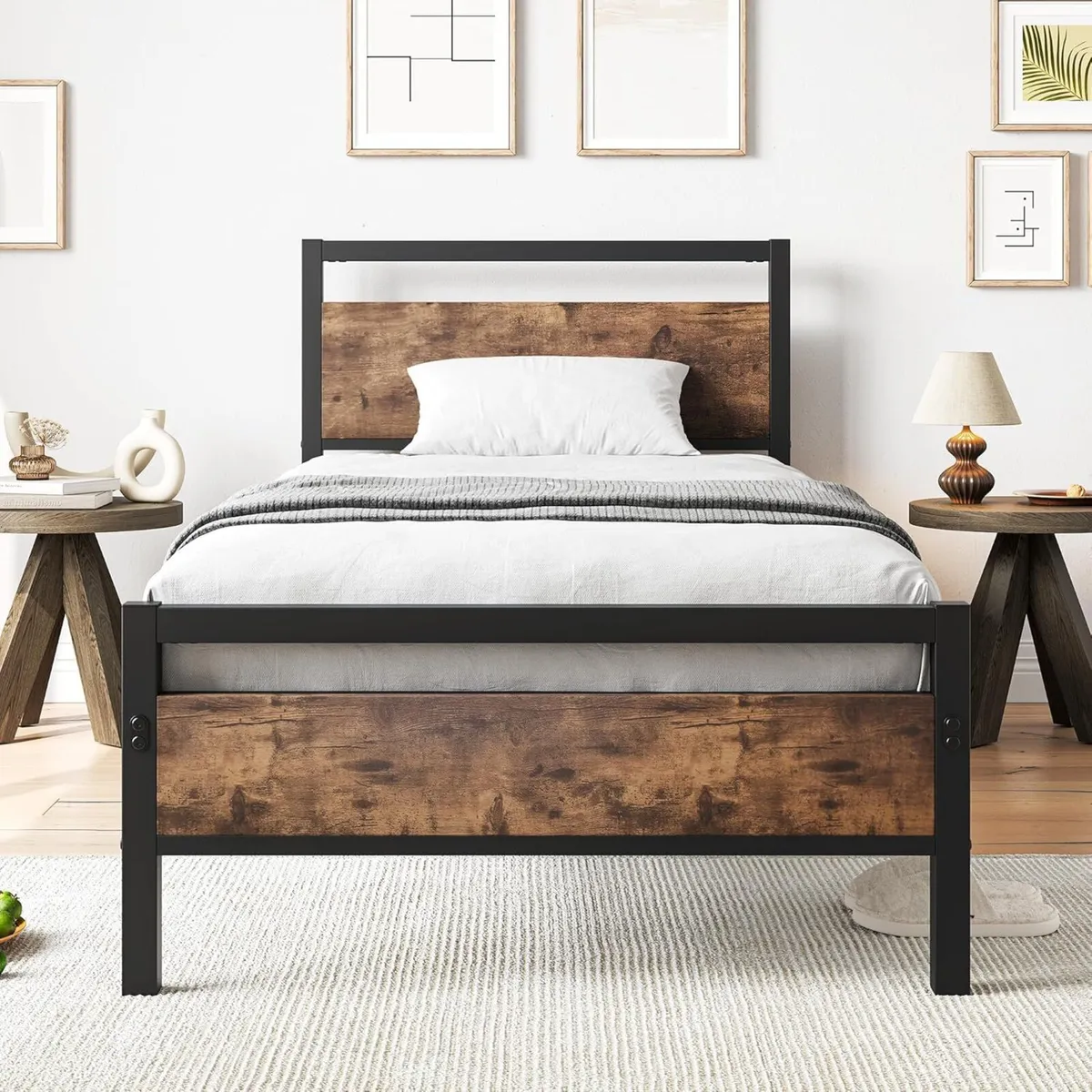 Wooden Bed Frame 90 x 200 cm with Headboard Metal - Image 1