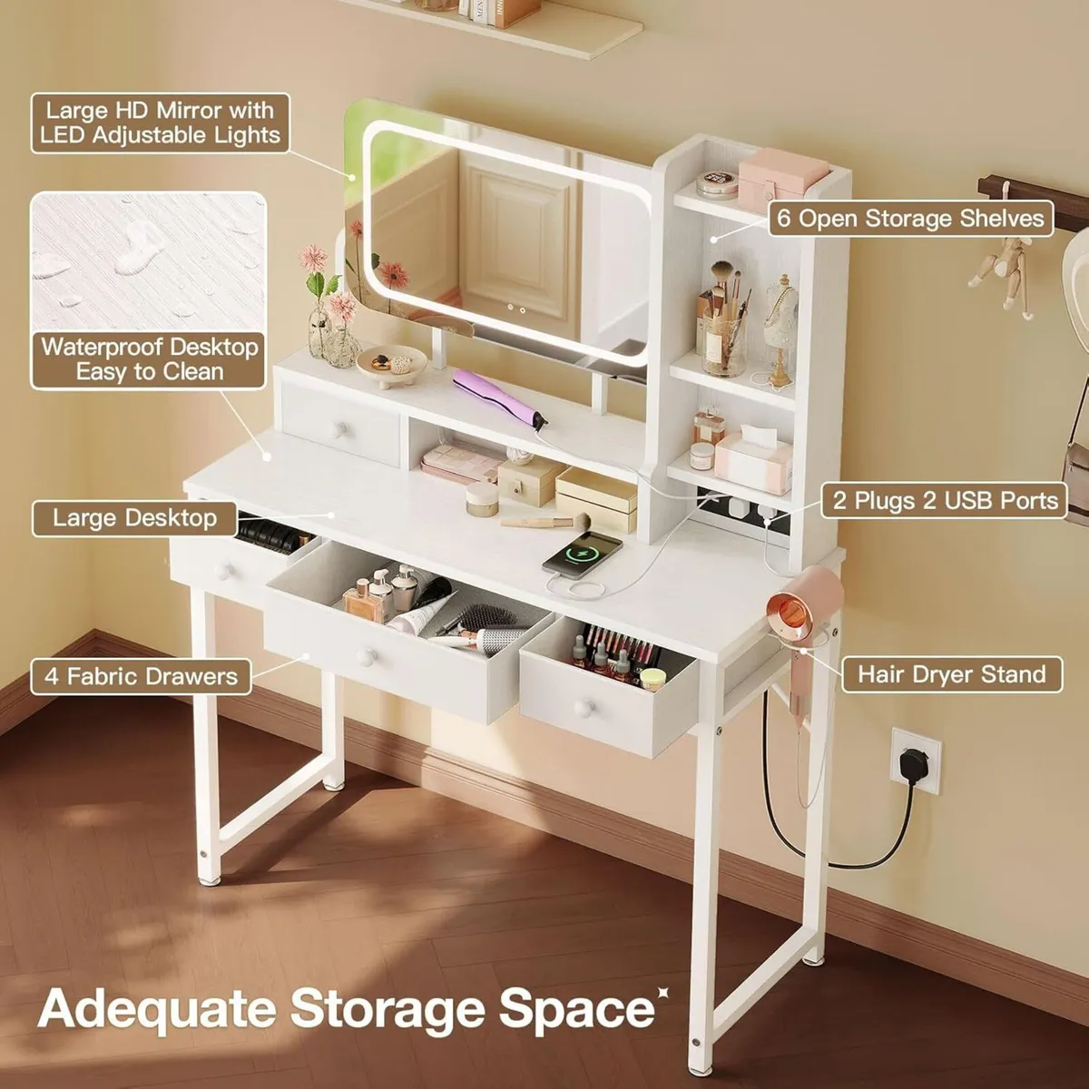 Dressing Table with Adjustable LED Mirror Vanity - Image 3