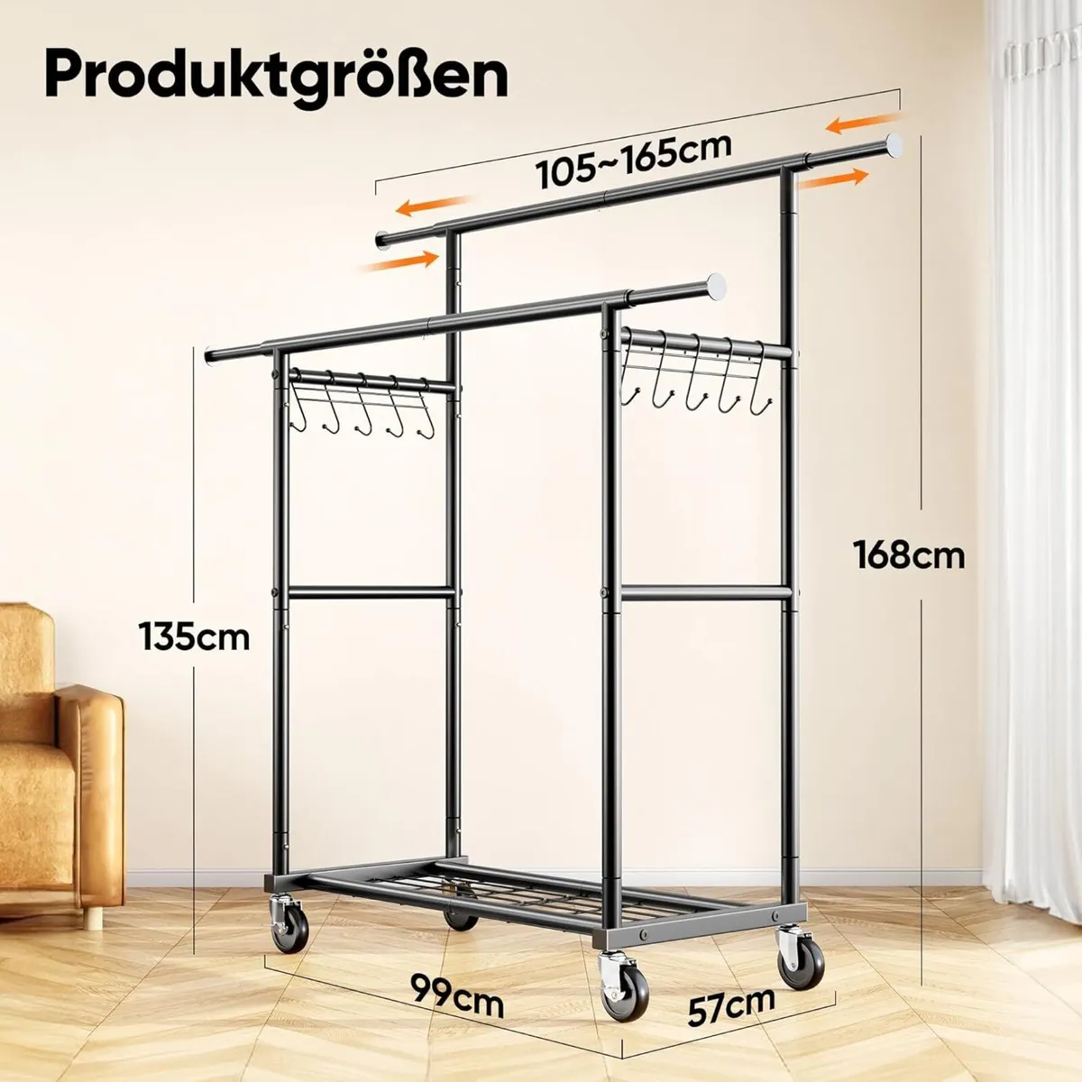 Clothes Rack Heavy Duty Rail 204 kg with Wheels - Image 3