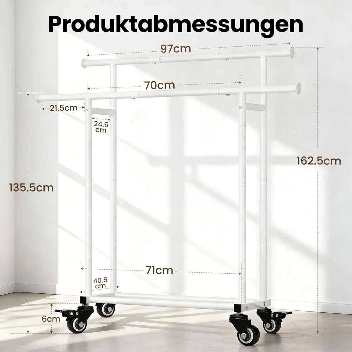 Clothes Rack on Wheels with 2 Rails + Shelf - Image 3