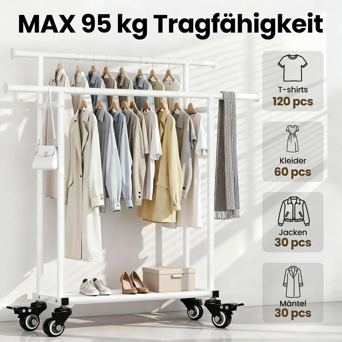 Clothes Rack on Wheels with 2 Rails + Shelf - Image 4