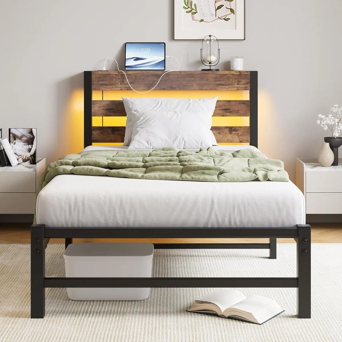 Bed Frame 90 x 200 cm with LED Metal USB Charging - Image 1