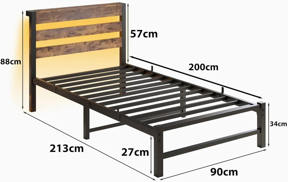 Bed Frame 90 x 200 cm with LED Metal USB Charging - Image 2