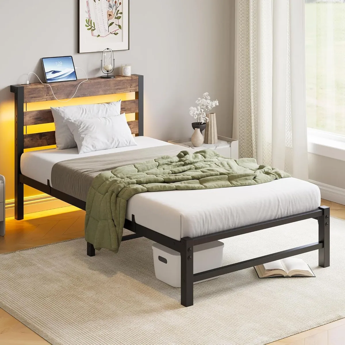 Bed Frame 90 x 200 cm with LED Metal USB Charging - Image 3