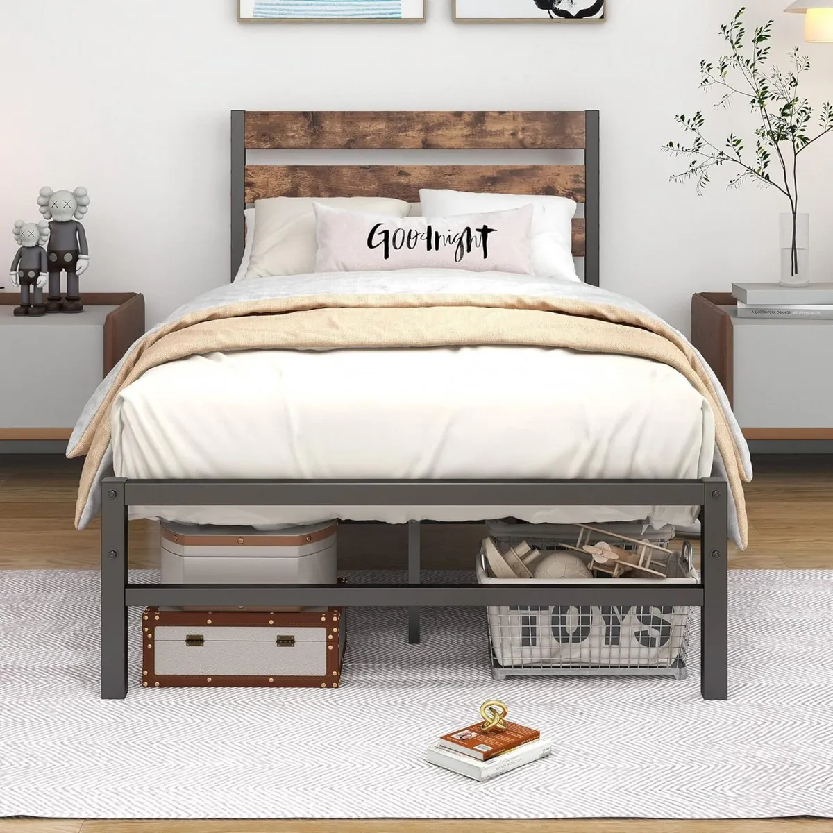 Modern Metal Bed Frame with Wooden Headboard - Image 1