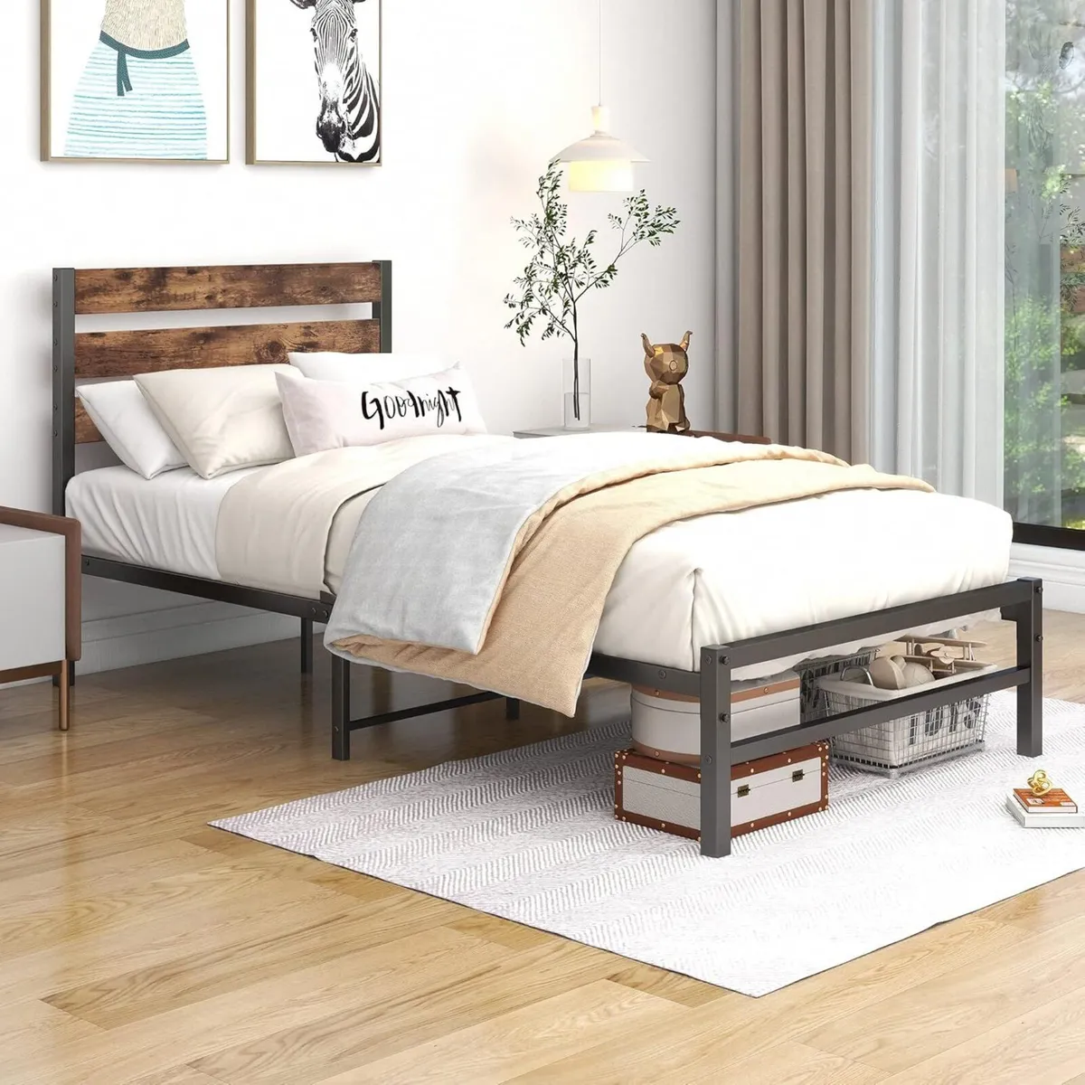 Modern Metal Bed Frame with Wooden Headboard - Image 3