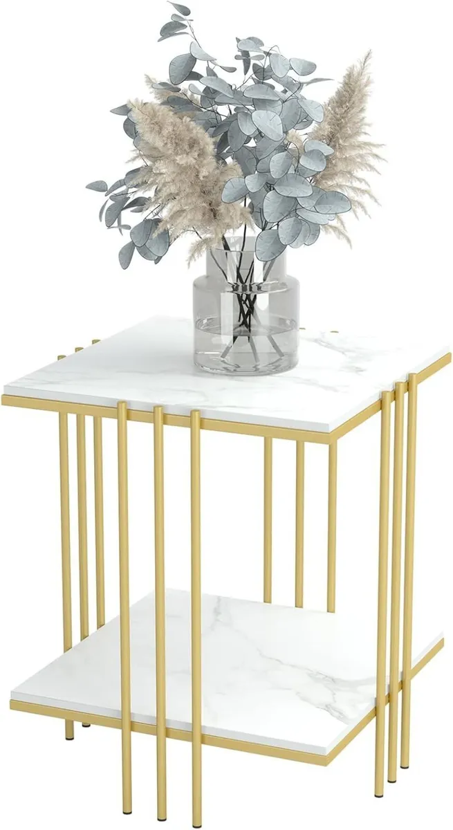 Marble Top Side Table Gold: 2 Tier Square White - Image 1