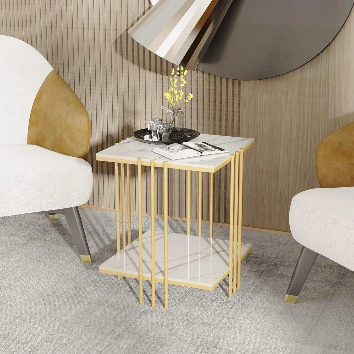 Marble Top Side Table Gold: 2 Tier Square White - Image 4