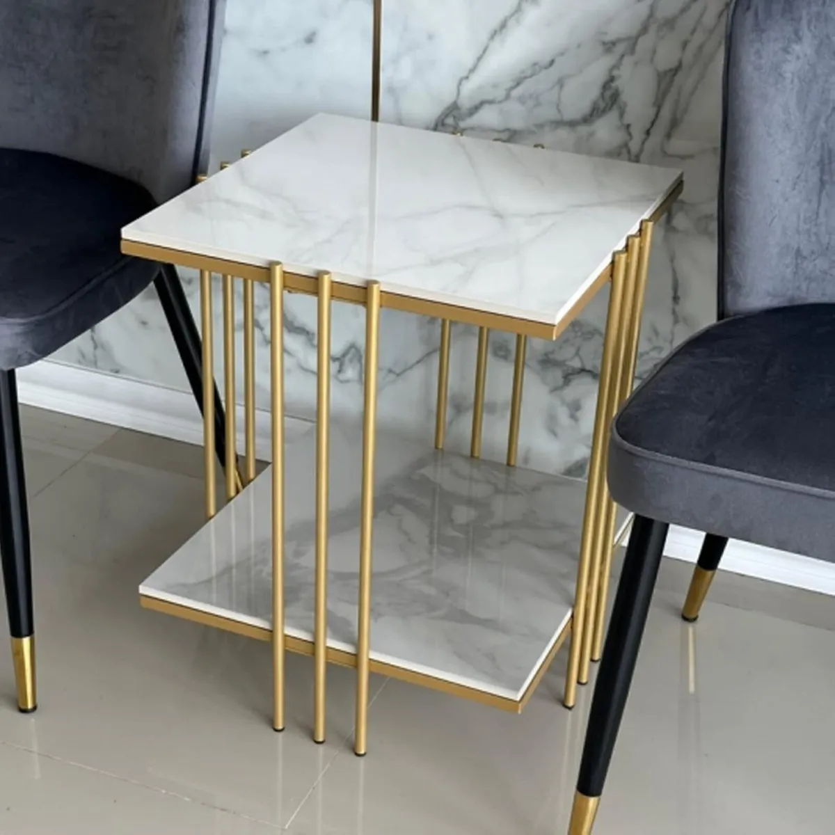 Marble Top Side Table Gold: 2 Tier Square White - Image 2
