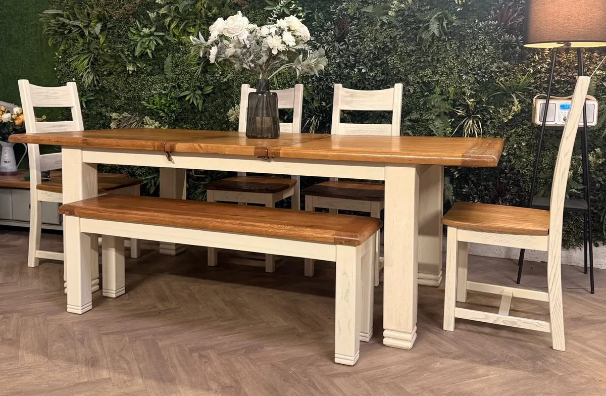 Extending oak kitchen table, 4 chairs & bench - Image 3