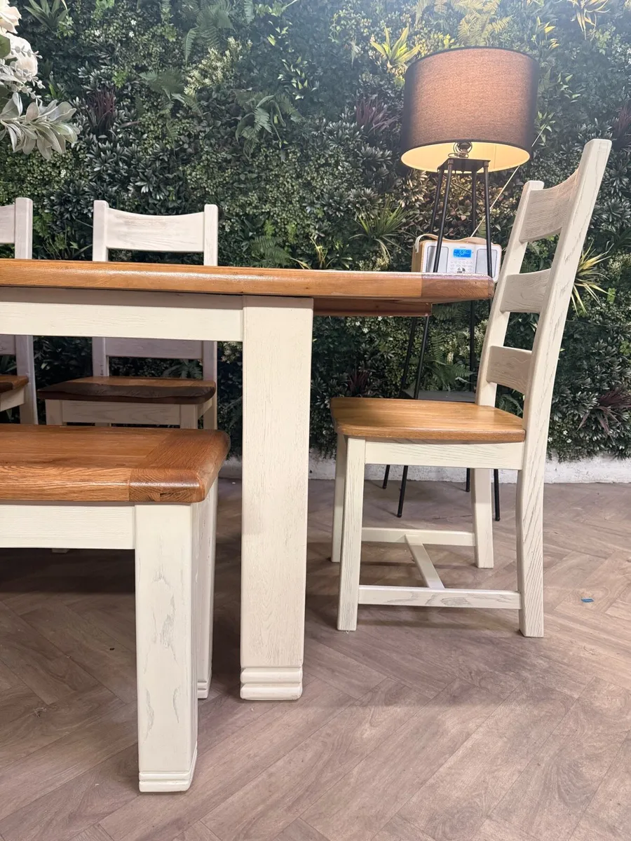 Extending oak kitchen table, 4 chairs & bench - Image 4