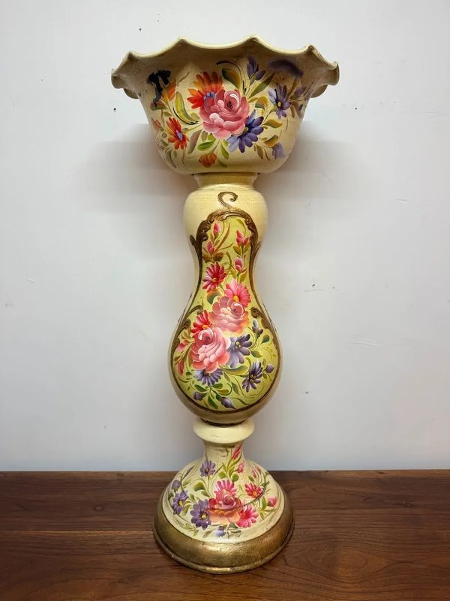 Elegant Hand Painted Floral Pedestal Jardiniere with Scalloped Bowl - Image 1