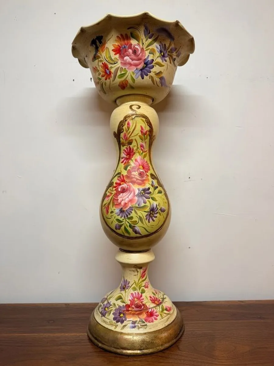 Elegant Hand Painted Floral Pedestal Jardiniere with Scalloped Bowl - Image 2