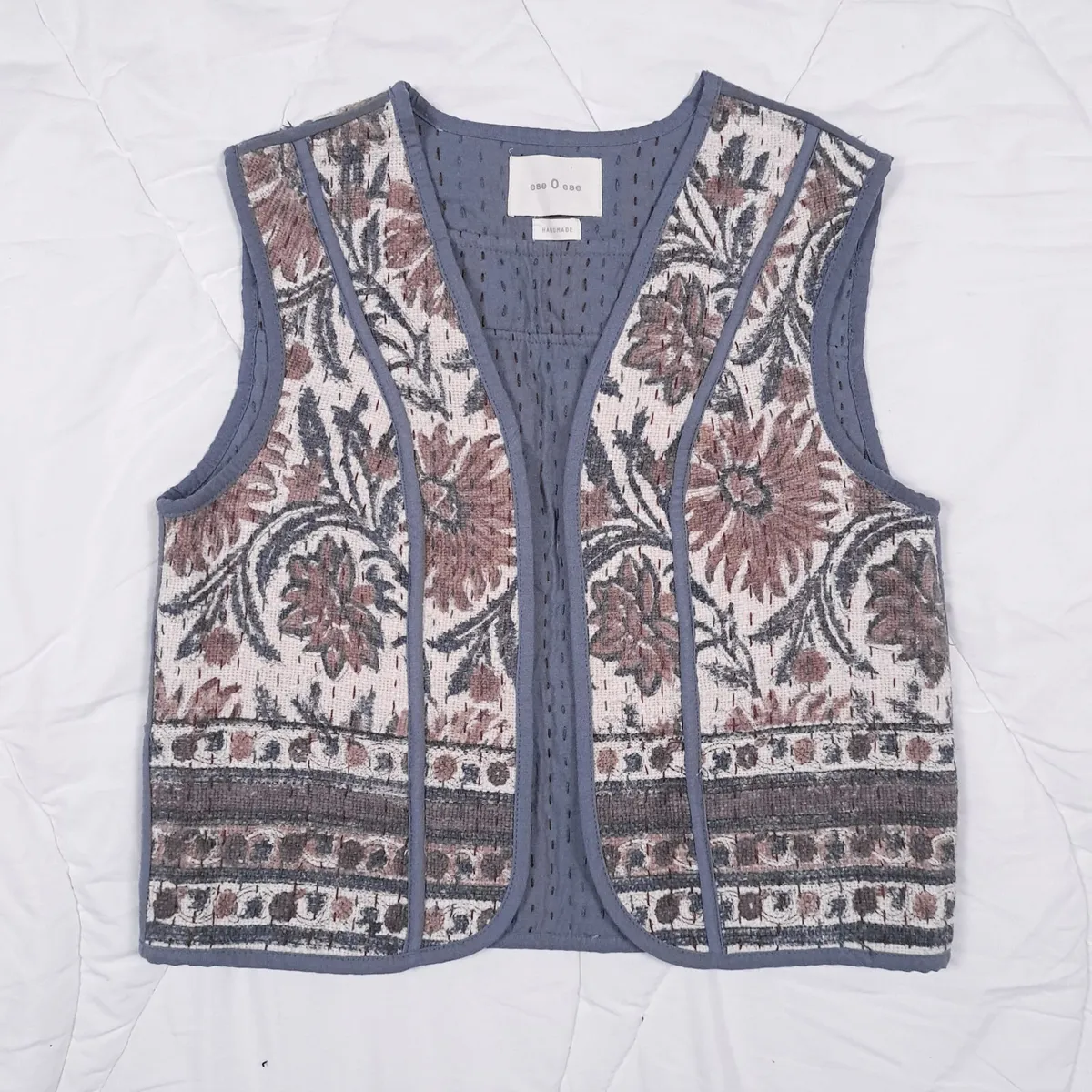 Ese O Ese Blue Brown Floral Embroidered Vest S - Image 1