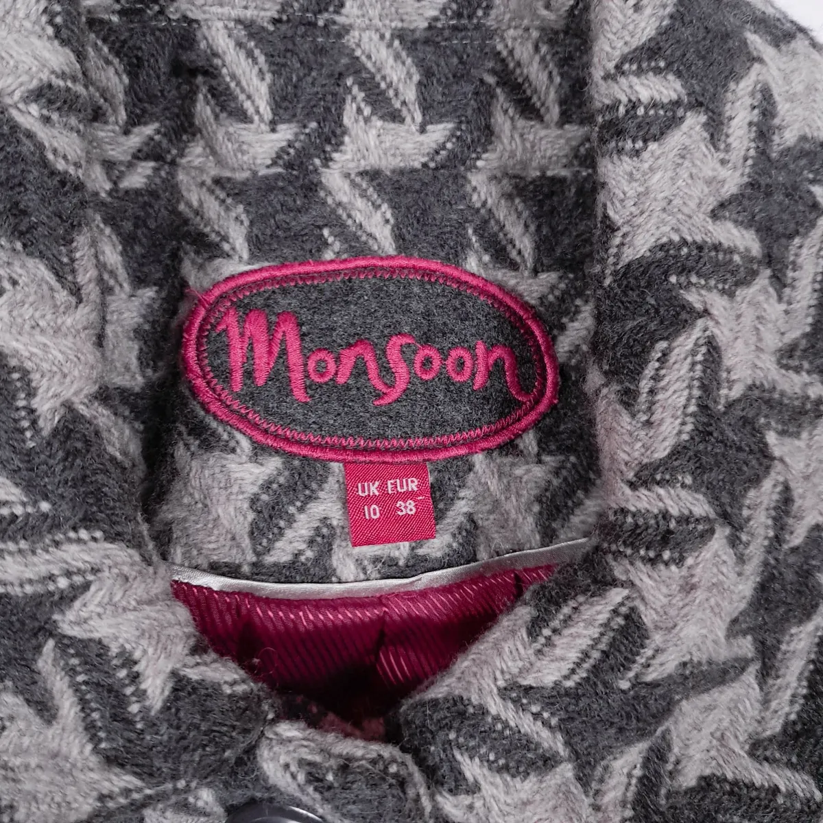 Monsoon Grey Houndstooth Wool Short Coat 10UK/38EU - Image 2