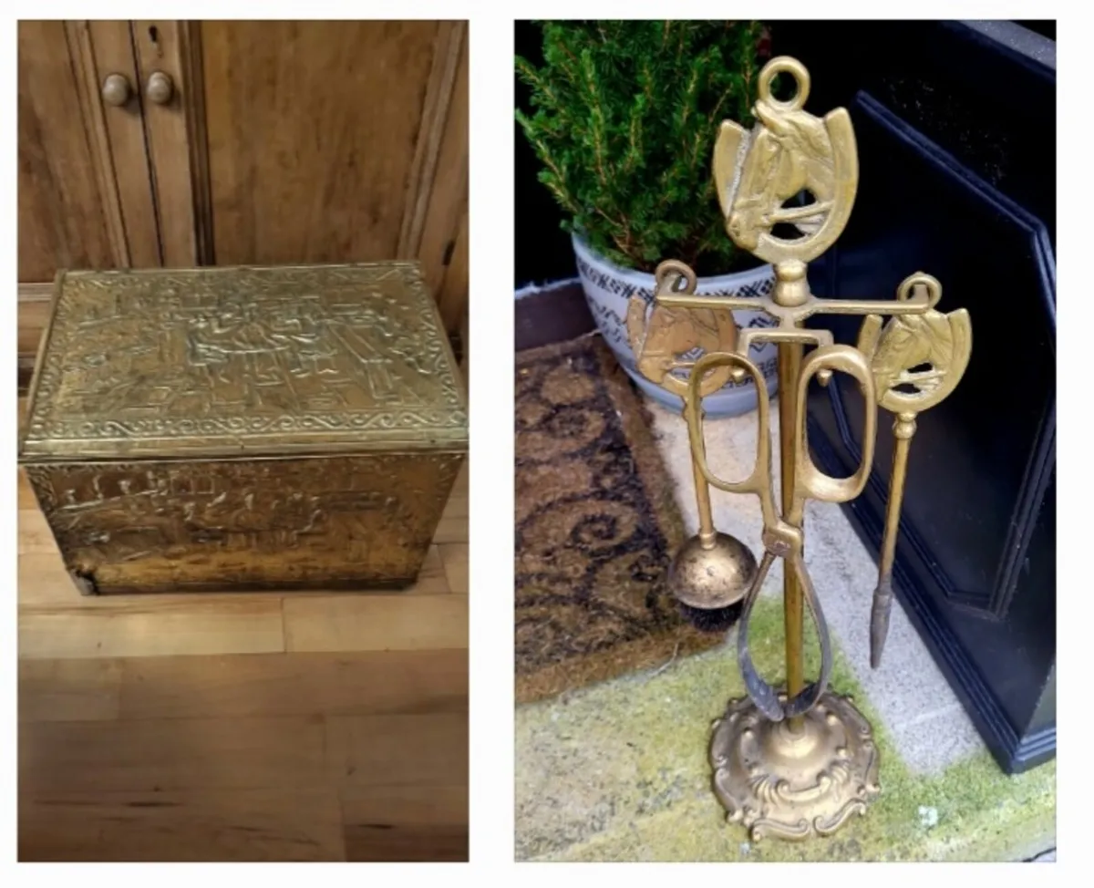 Vintage Brass Fire Irons + Coal Scuttle - Image 1