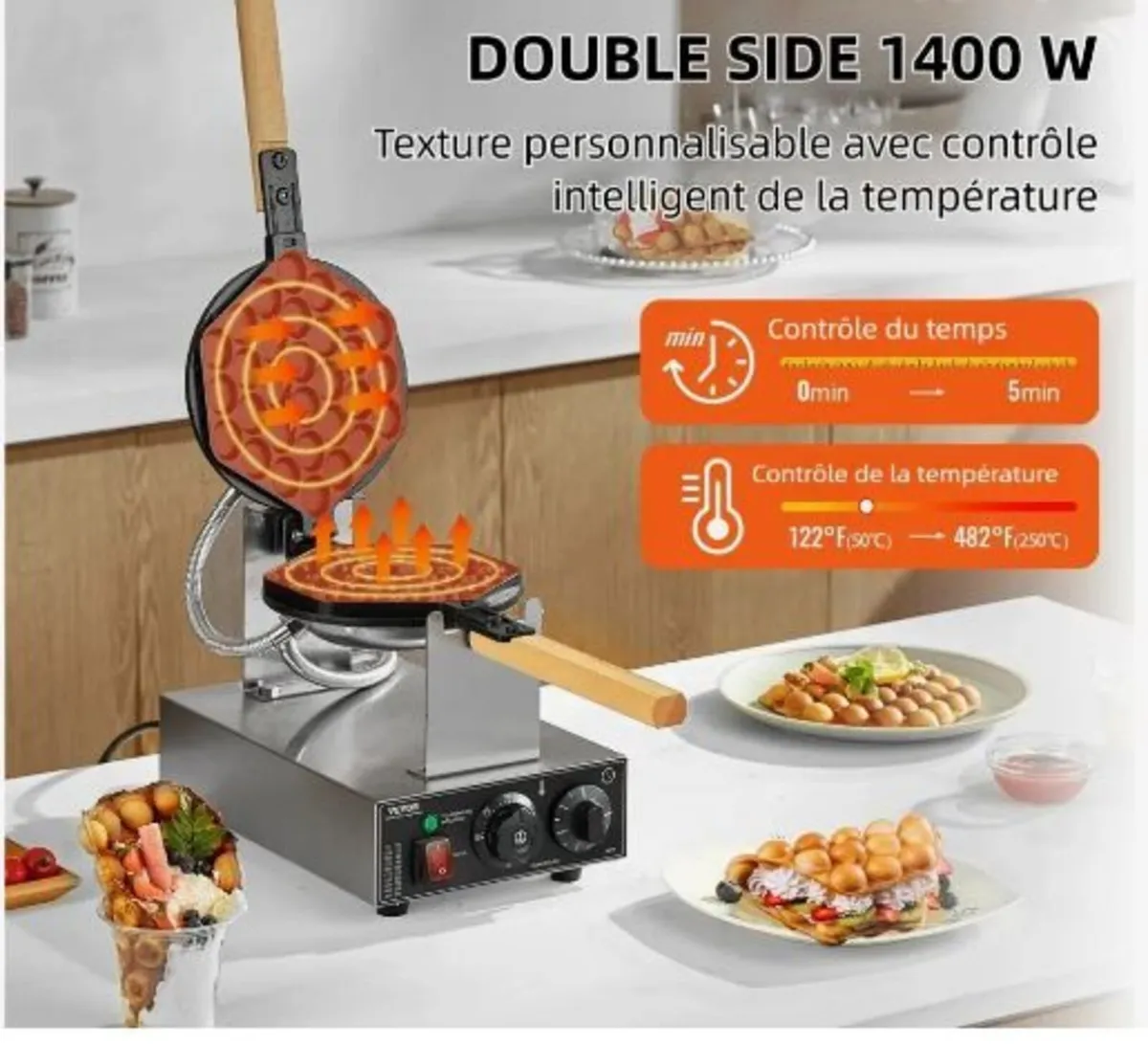 Commercial Bubble Waffle Maker, 1400W Egg - Image 2