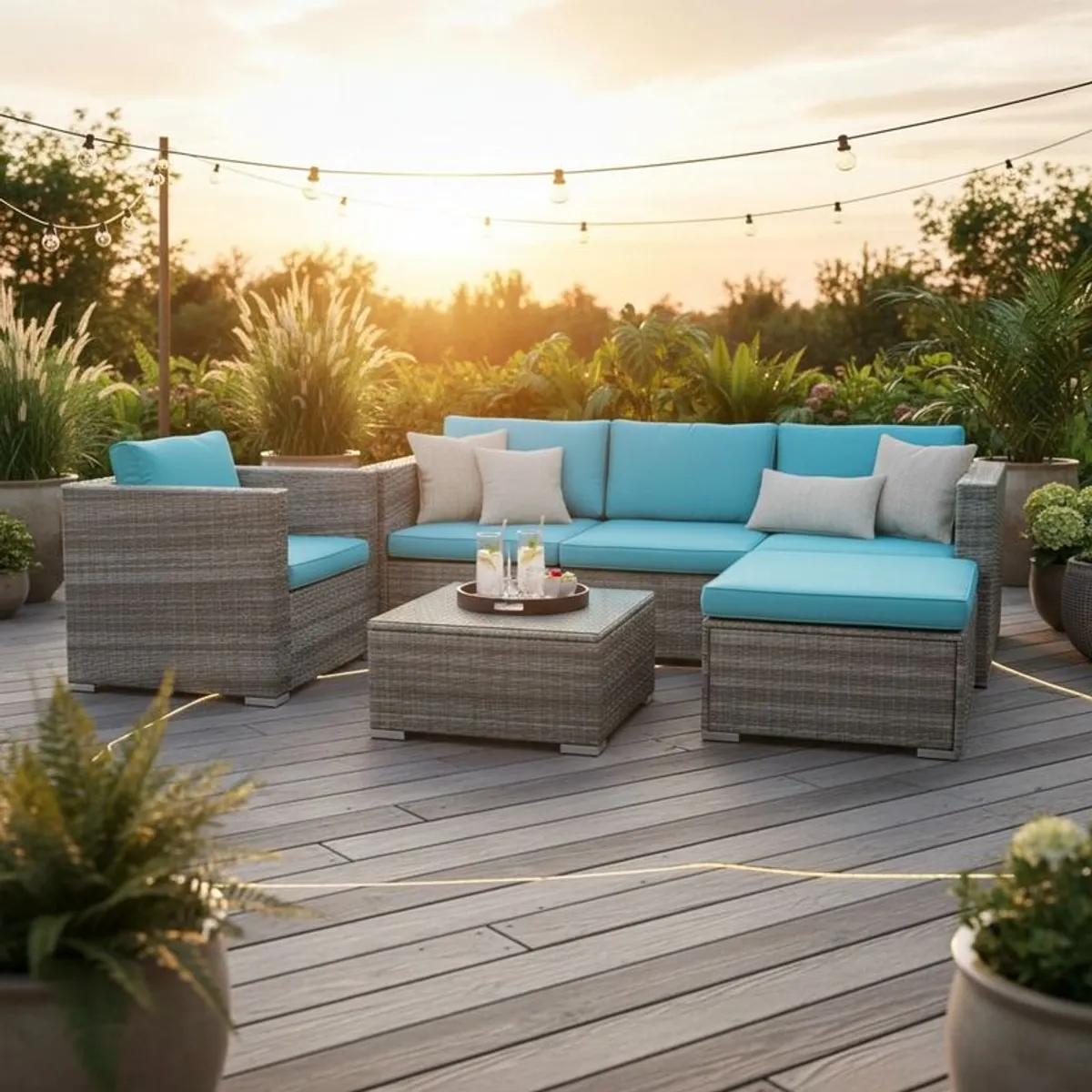 Bora Bora Garden Sofa Set Rattan Outdoor Furniture with Table, Chair & Footstool Patio Garden Furniture - Image 1