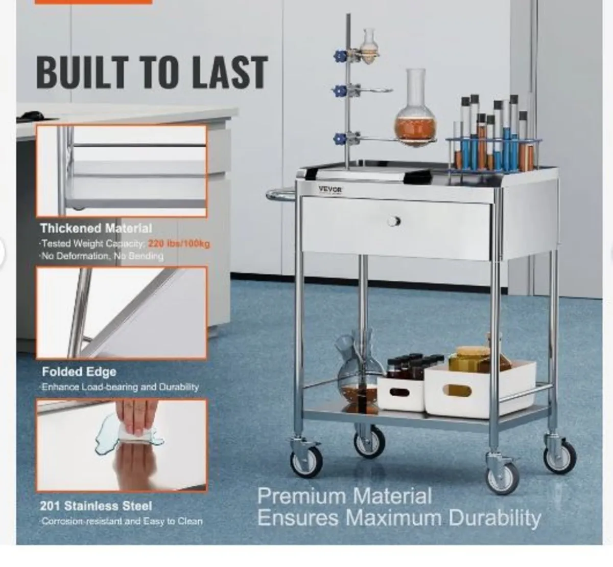 Medical Cart, 2 Layers Stainless Steel Cart - Image 3