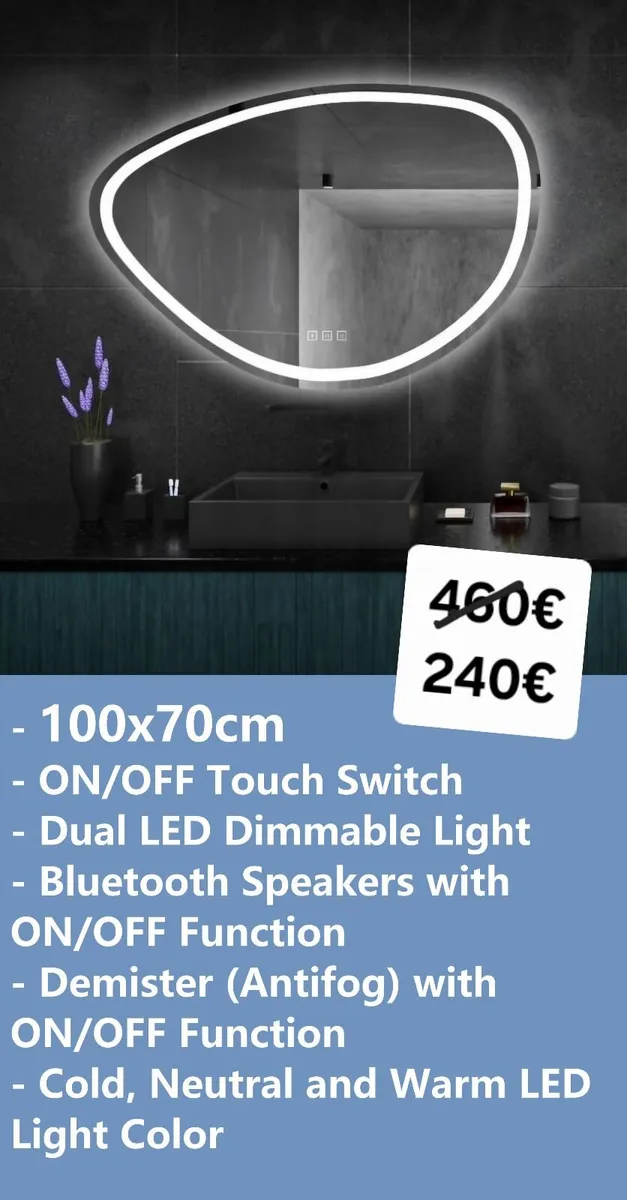 LED Bathroom Mirror Bluetooth Speakers Antifog - Image 1