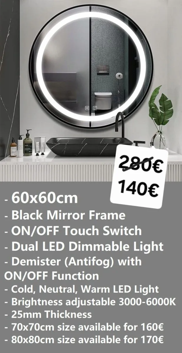LED Bathroom Mirror Dual Light Antifog Black 60cm - Image 2
