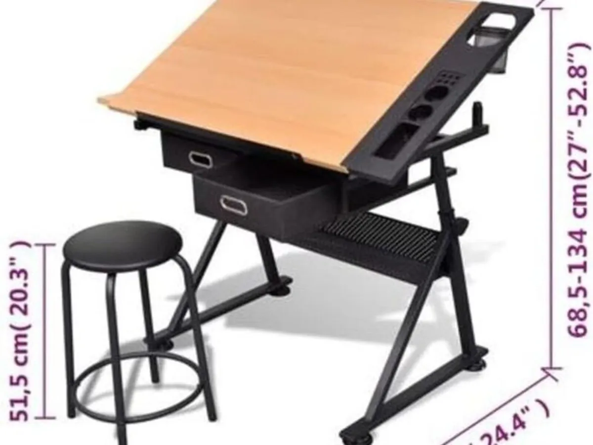 Adjustable Drawing Table Drafting Desk with Stool - Image 2
