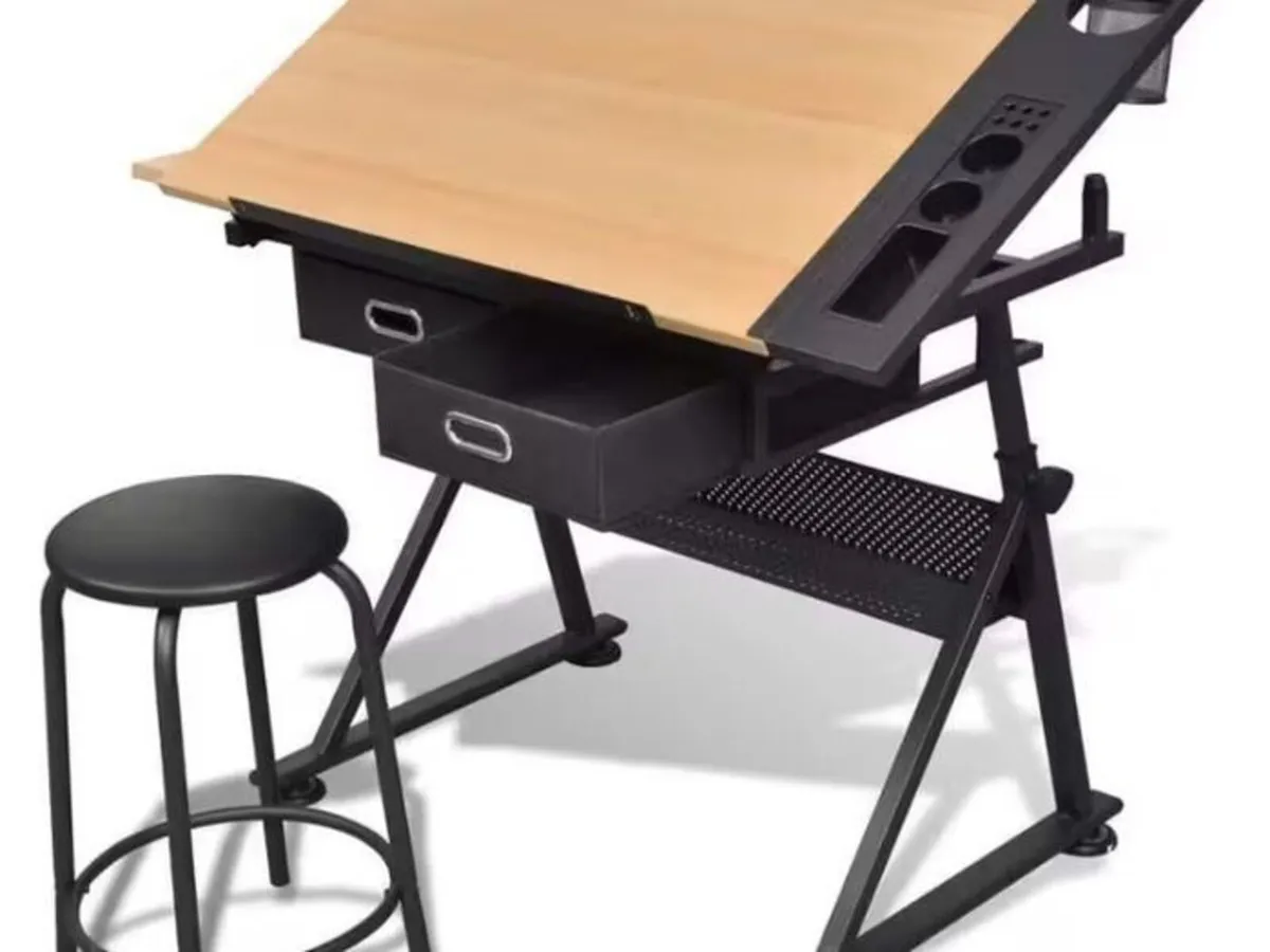 Adjustable Drawing Table Drafting Desk with Stool - Image 1